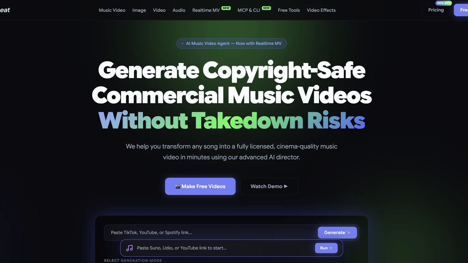 Freebeat 音乐视频官方页面，包含音乐链接输入和生成模式