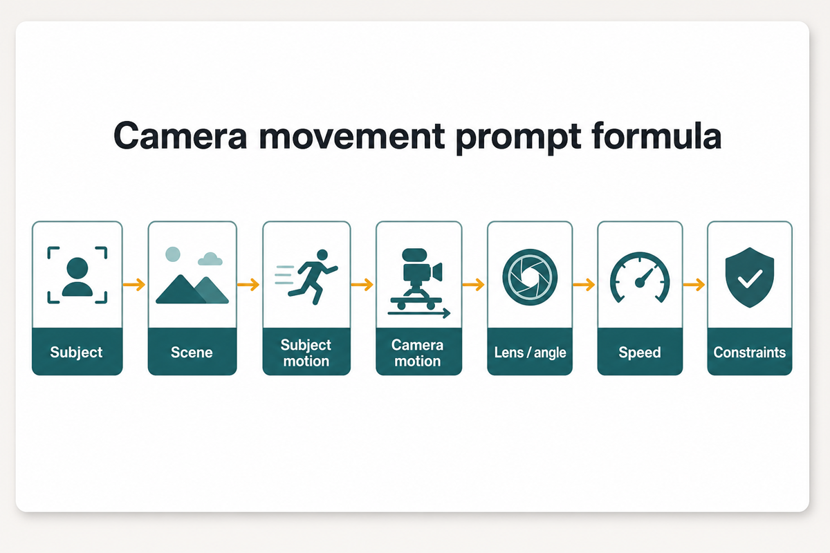 Camera movement prompt formula card with subject, scene, subject motion, camera motion, lens, speed, and constraints.