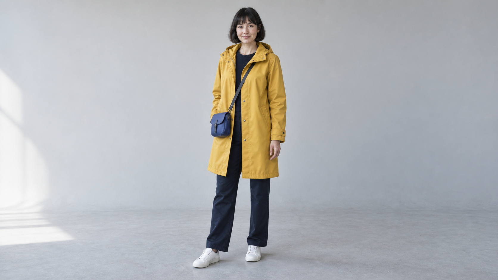 Shared synthetic character input: a woman in a yellow raincoat with a blue satchel in a gray studio