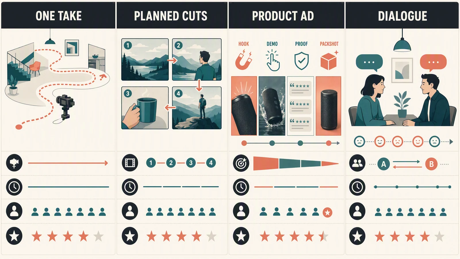 A matrix comparing one take, planned cuts, product ad, and dialogue structures.
