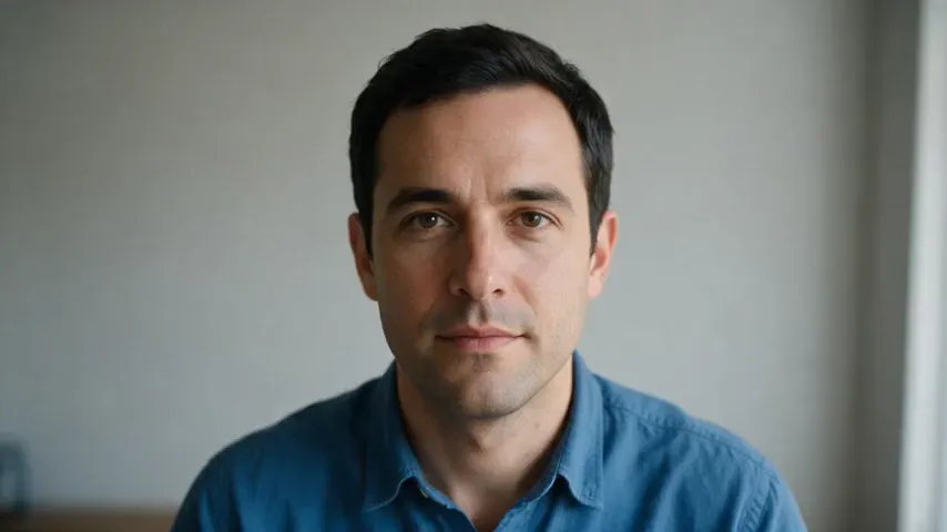 Seedance 2.5 image-to-video test render from an AI-generated portrait of a man in a blue shirt: he starts out looking at the camera, then looks to the side.