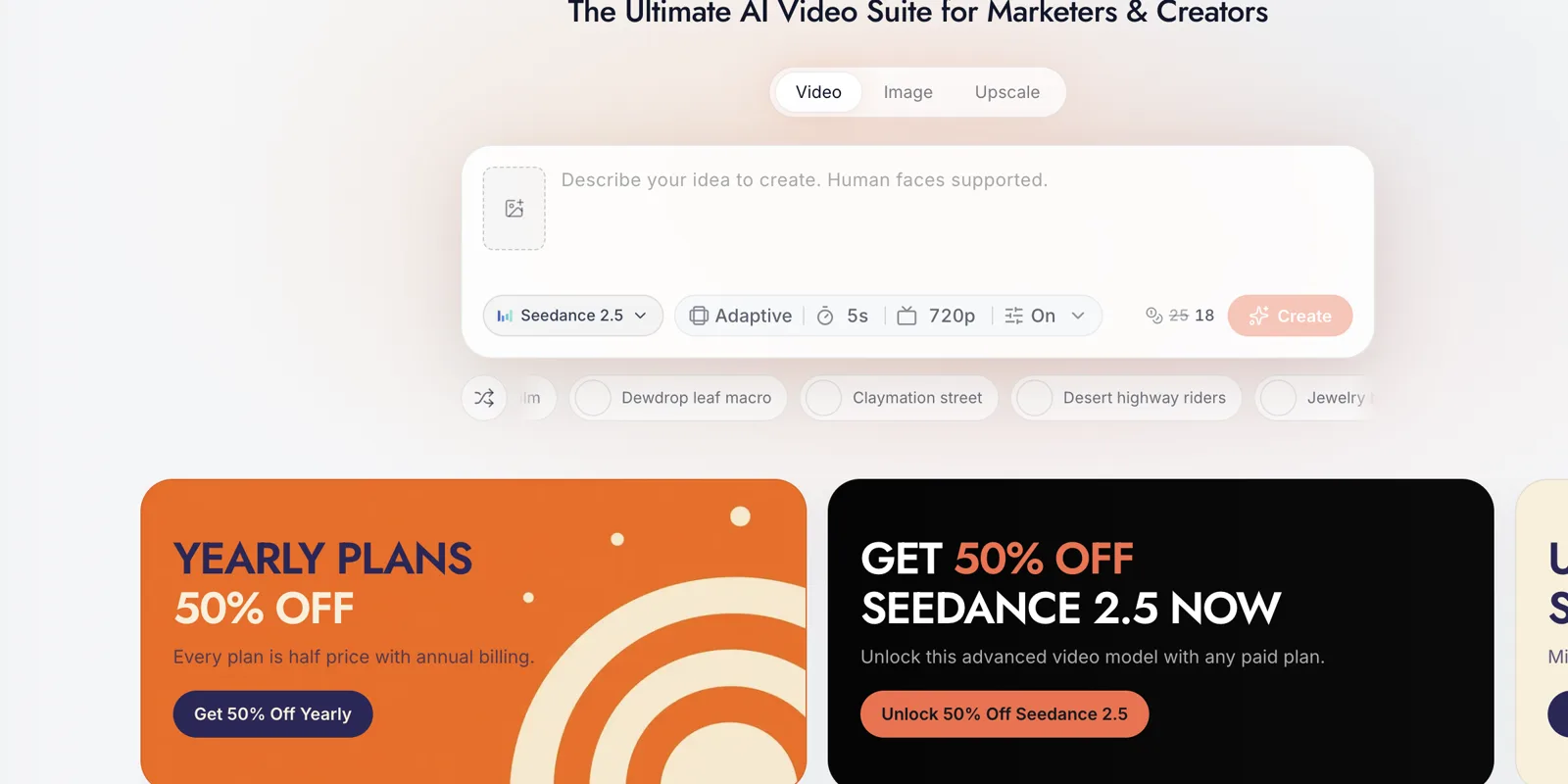 Seedance AI composer with Seedance 2.5 selected, 5-second duration, 720p resolution, audio enabled, and the current credit quote