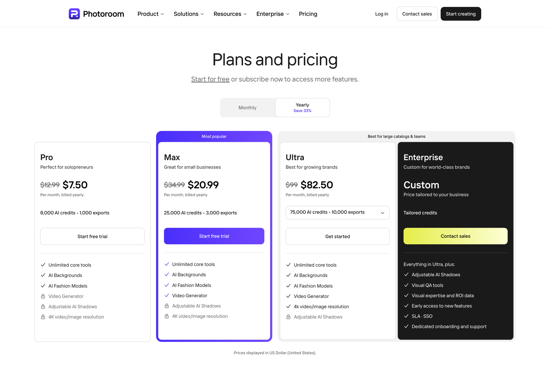 Photoroom's plan comparison showing Pro, Max, Ultra and Enterprise tiers with yearly pricing