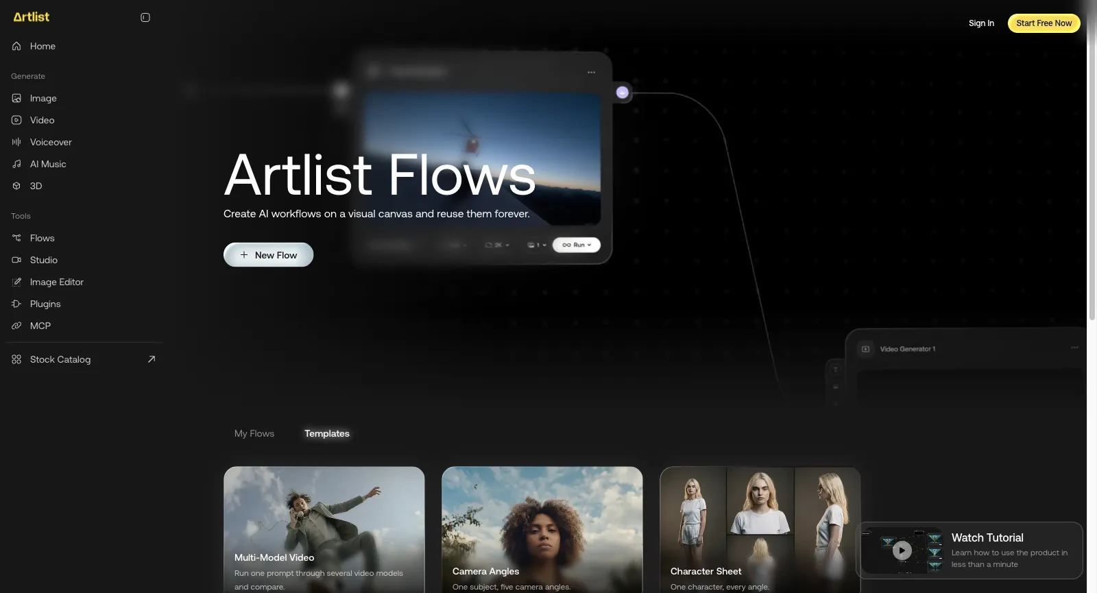 Artlist Flows, bez logowania: Create AI workflows on a visual canvas and reuse them forever, przycisk New Flow i szablony Multi-Model Video, Camera Angles i Character Sheet