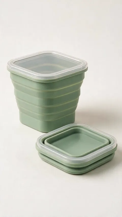 La imagen de referencia del producto del ejemplo 7: un recipiente de silicona verde salvia abierto y un segundo recipiente plegado.