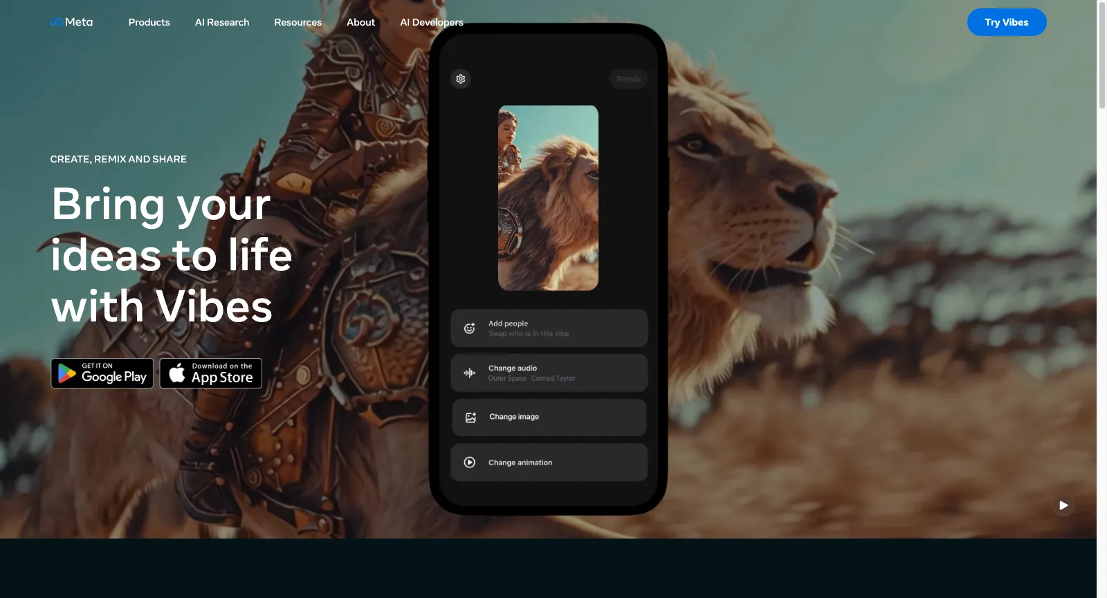 Pagina Vibes di Meta su ai.meta.com: CREATE, REMIX AND SHARE, Bring your ideas to life with Vibes, con un telefono che mostra Add people, Change audio, Change image e Change animation