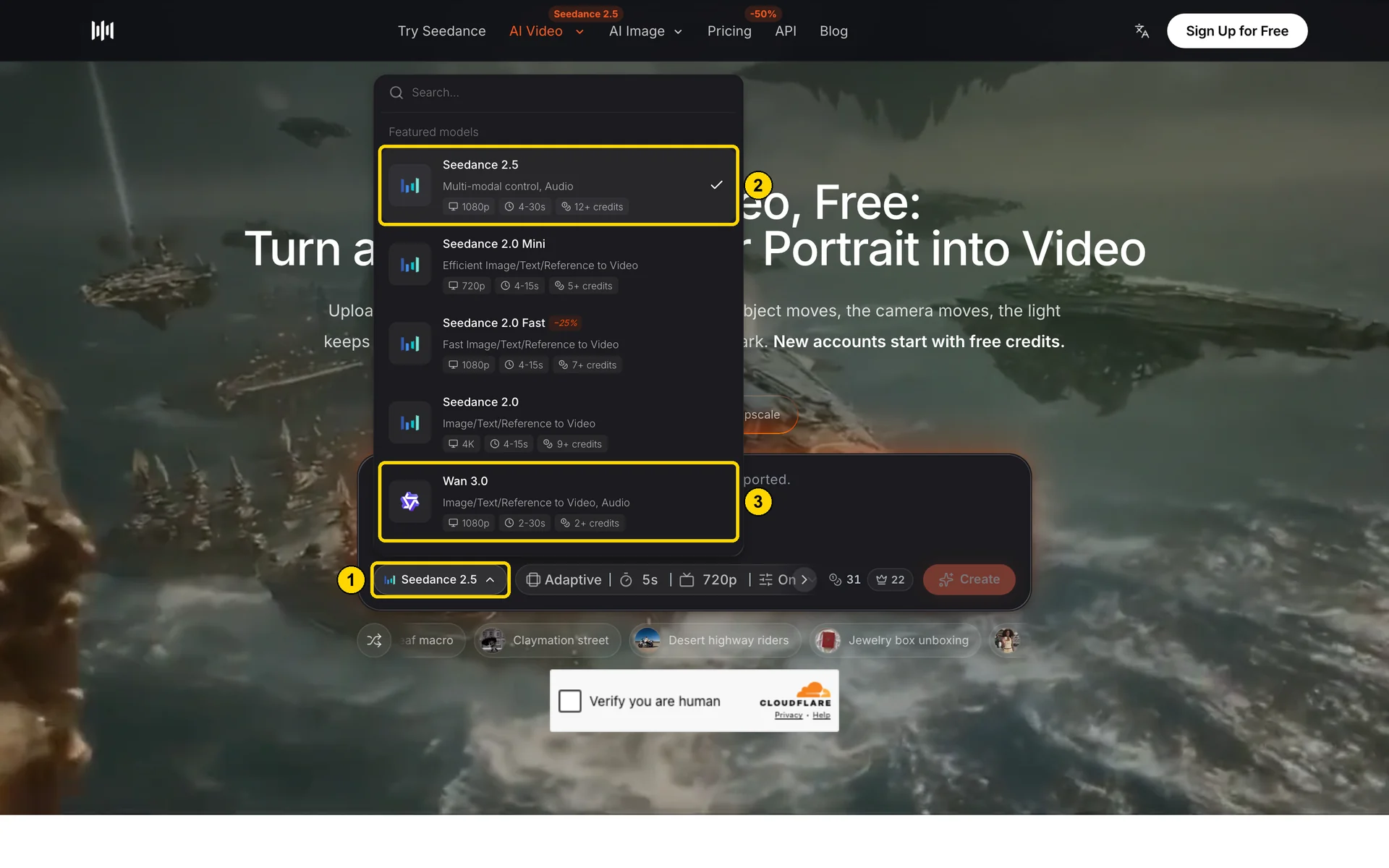 Seedance AI model picker open on the image-to-video page, showing Seedance 2.5 with 4 to 30 seconds and Wan 3.0 with 2 to 30 seconds