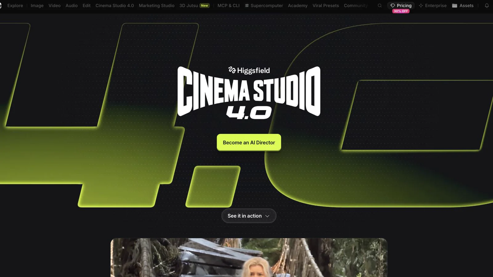 Higgsfield Cinema Studio 4.0 landing page with its directing workspace entry