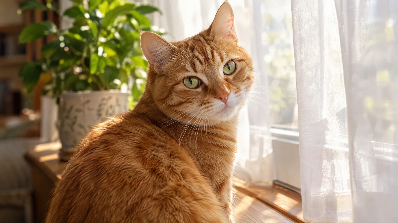 Ginger tabby cat on a sunny wooden windowsill looking toward the camera, sheer white curtains and a potted plant behind it
