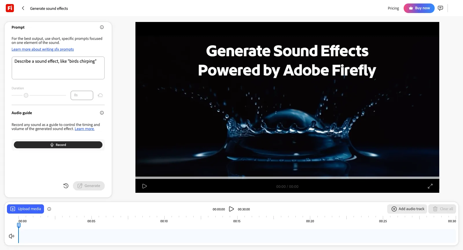 Arbeitsbereich Generate sound effects von Adobe Firefly, abgemeldet: Prompt-Feld, Regler für die Dauer, Audio guide mit Record-Button, ein Vorschau-Player und eine Audio-Timeline mit Upload media und Add audio track