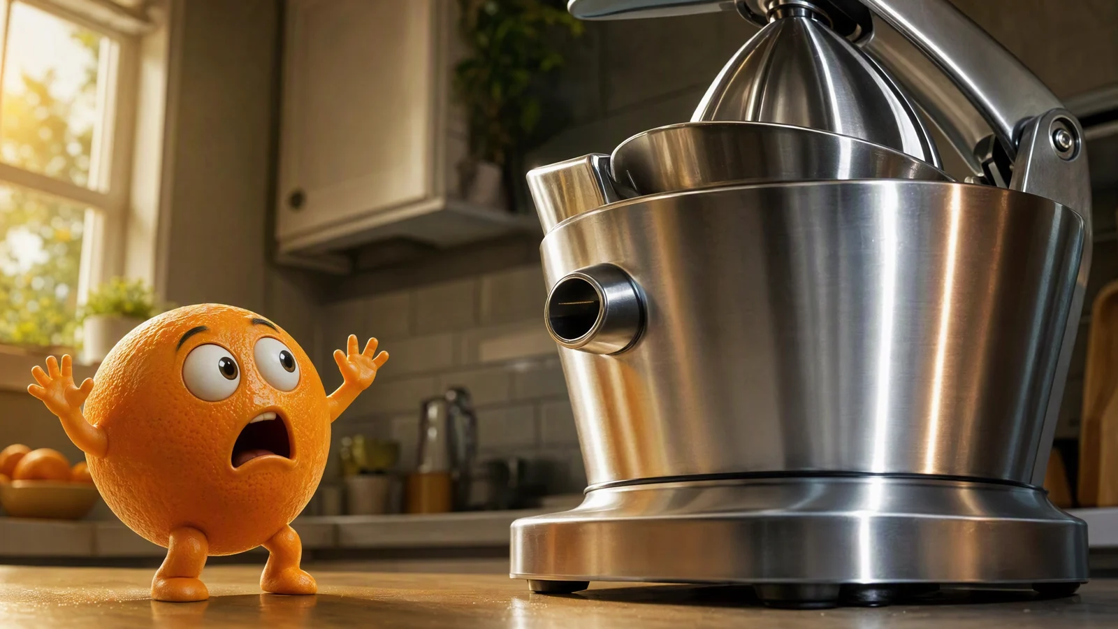 A surprised orange stepping back from a large juicer
