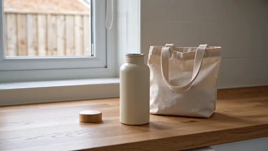 Prueba de Seedance 2.5 con el prompt de la botella reutilizable: una botella color crema y una bolsa de almuerzo de lona sobre una encimera de madera junto a una ventana y, después, un primer plano del agua que cae en la botella desde una jarra de vidrio.