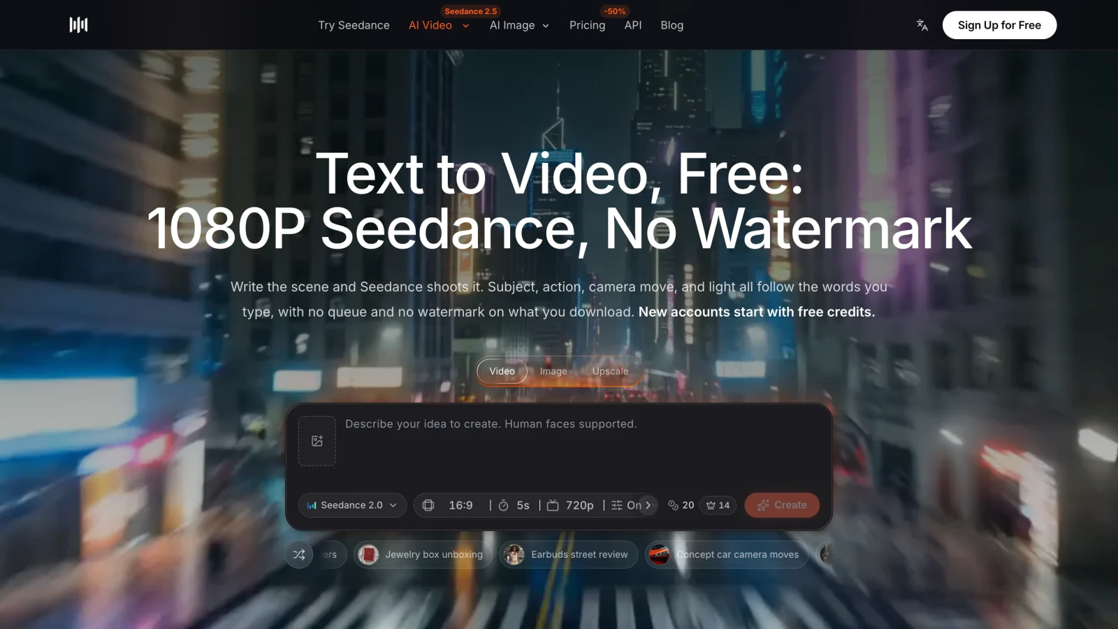 Seedance AI text-to-video page in English, showing the Seedance prompt box with model, aspect ratio, duration and resolution settings.