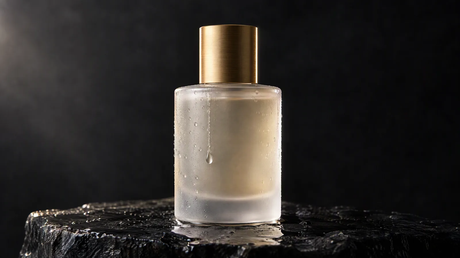 Unbranded frosted glass perfume bottle with a brushed-gold cap on wet black stone with a water droplet on the glass