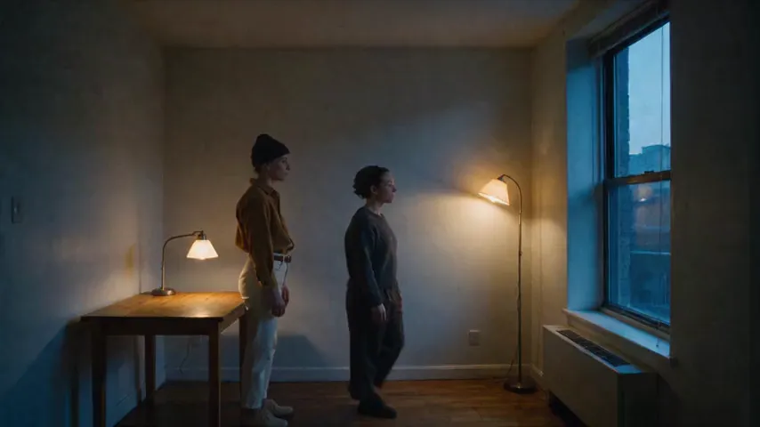 La generación revisada de Seedance 2.5: el personaje del suéter gris carbón camina hacia la ventana mientras el de la camisa mostaza, ahora con un gorro de lana, se queda junto a la mesa.