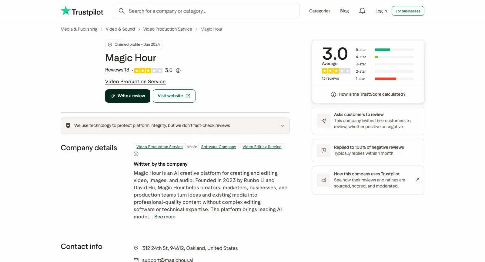 Magic Hour na Trustpilot bez logowania: średnia 3,0 na podstawie 13 opinii, profil przejęty przez firmę, prośby o opinie do klientów, odpowiedzi na 100% negatywnych opinii