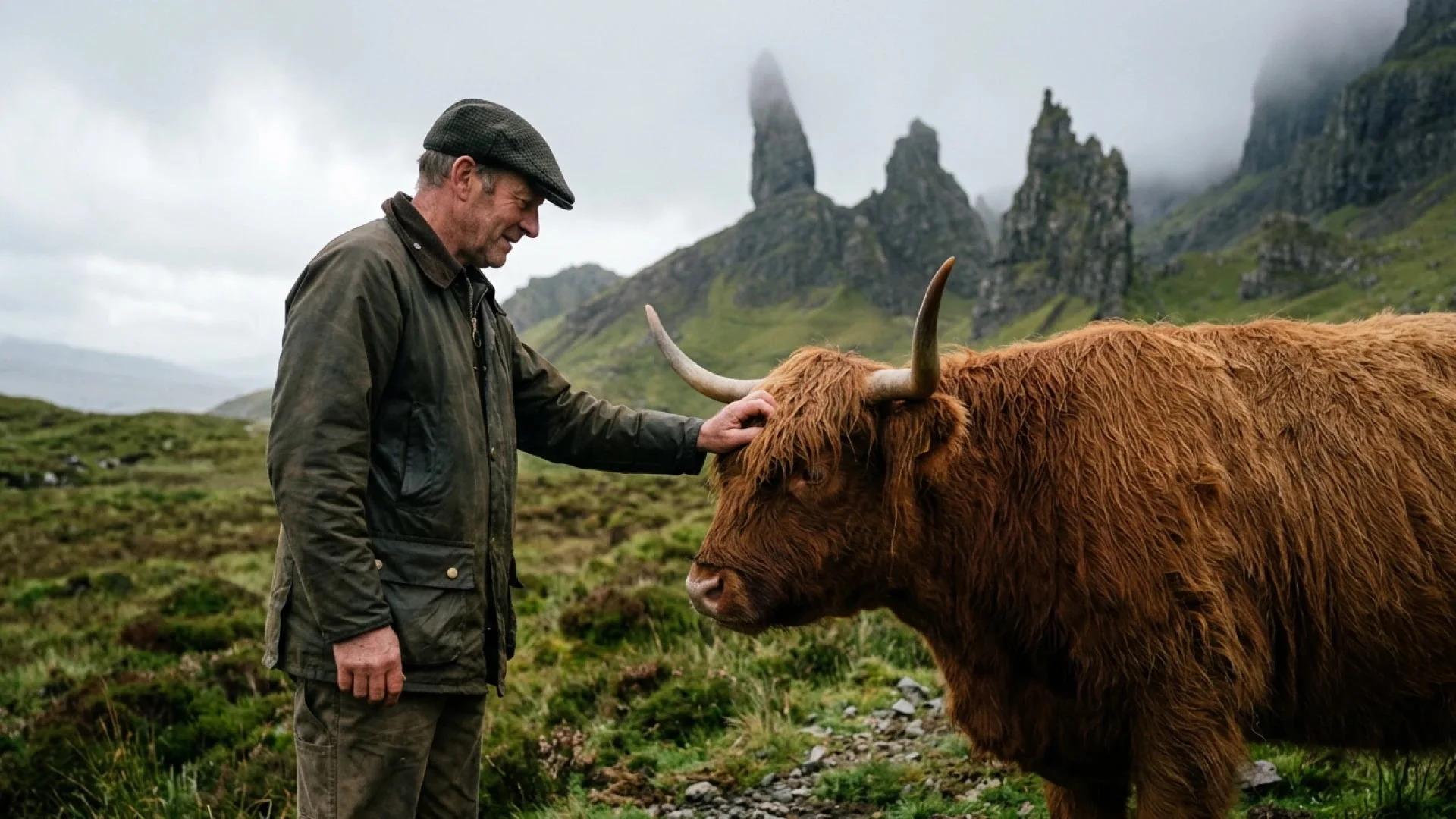 Google official Nano Banana 2.1 example: man in a flat cap petting a Highland cow in misty Scottish hills