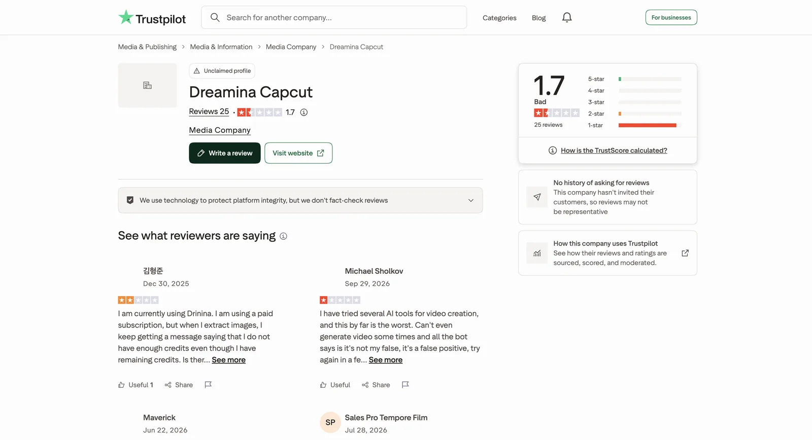 Dreamina Capcut 的 Trustpilot 頁面：TrustScore 1.7、25 則評論、頁面未認領