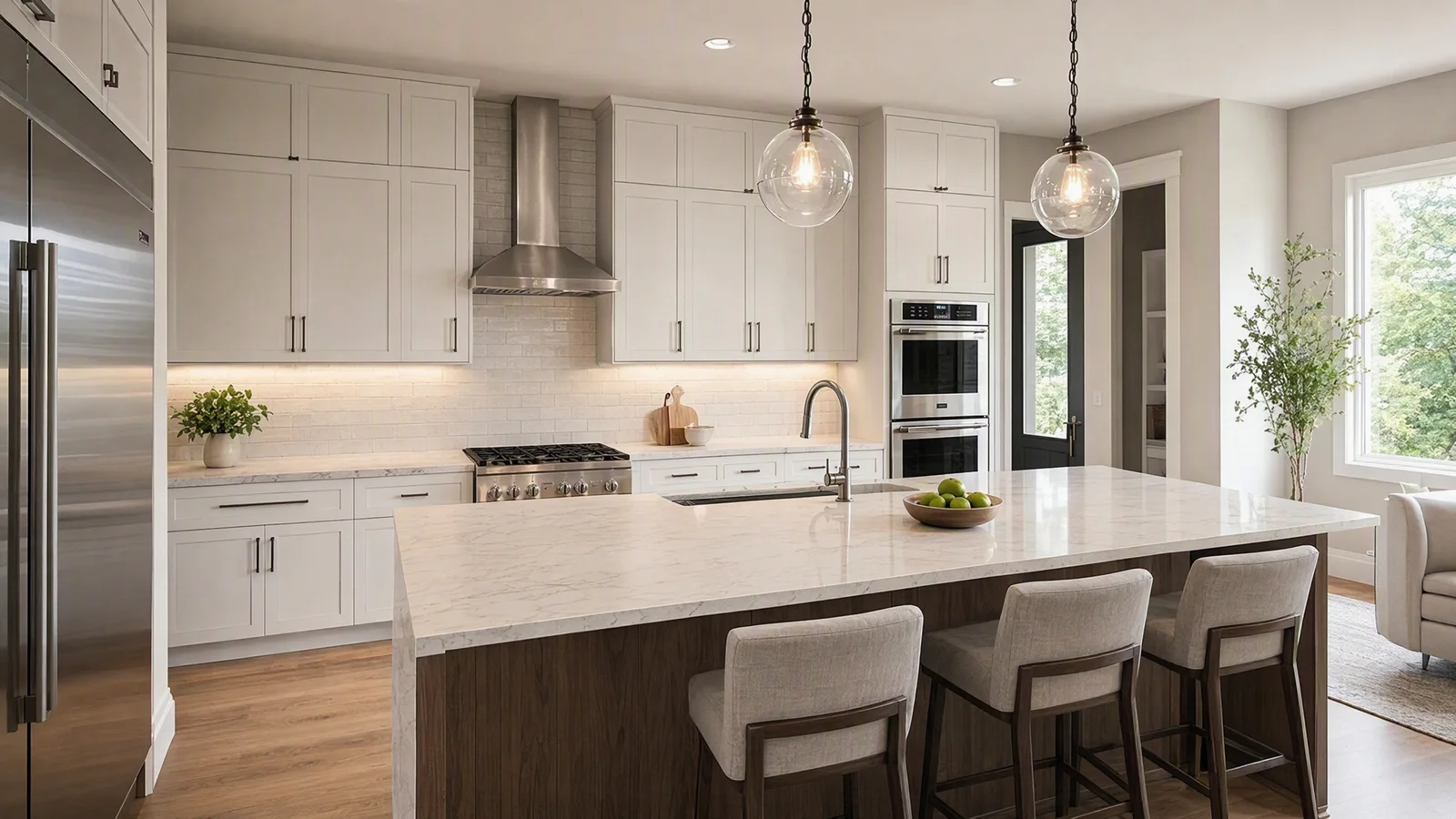 Fictional kitchen with readable geometry and natural light