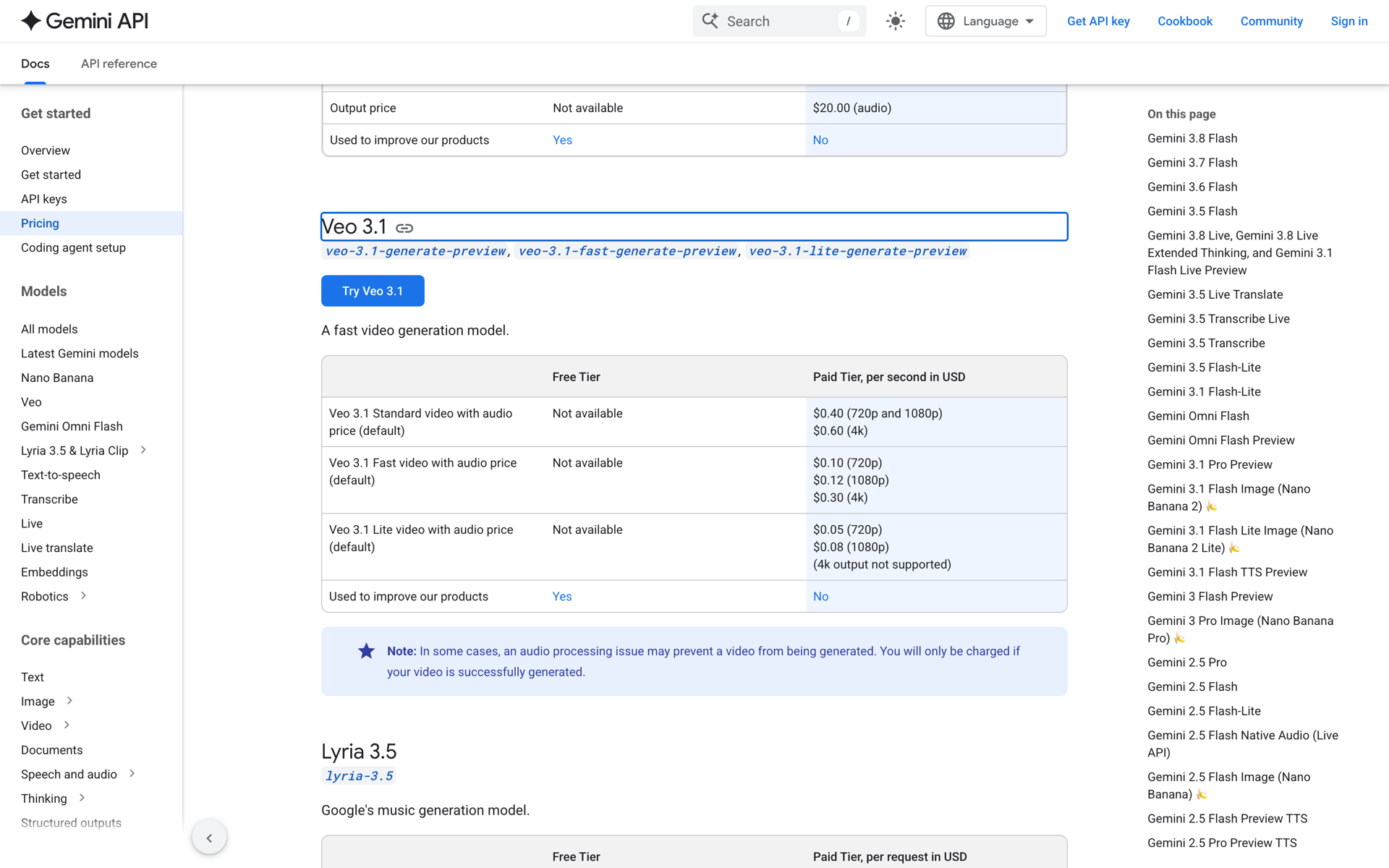 Google's Gemini API pricing page showing Veo 3.1 Standard, Fast and Lite per-second rates