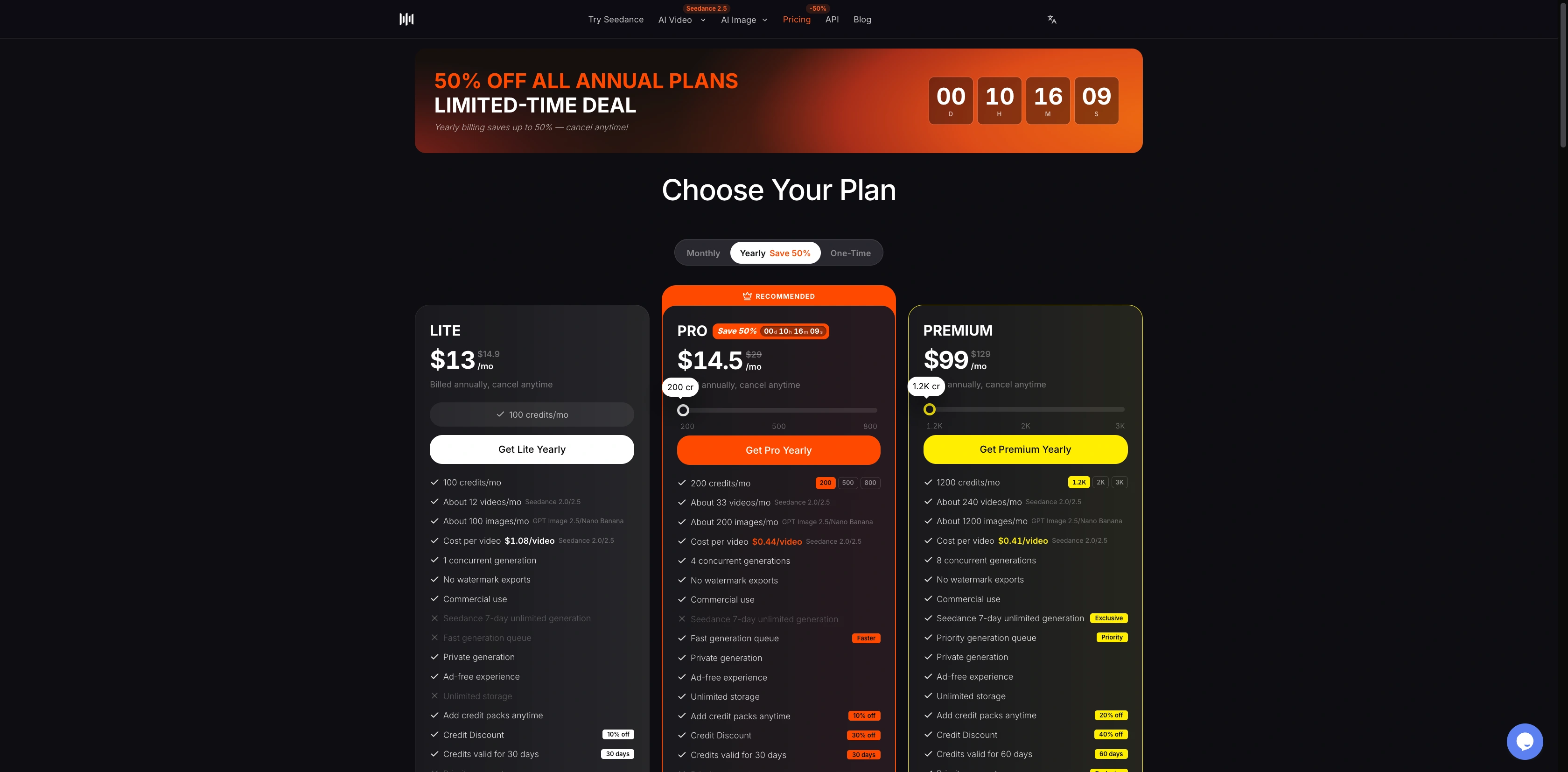 Seedance AI annual pricing cards for Lite, Pro, and Premium