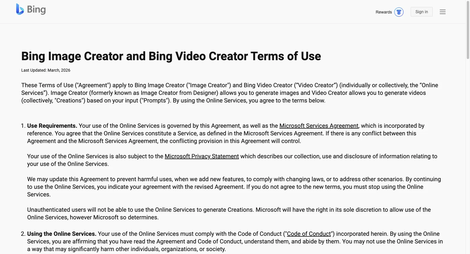 شروط استخدام Bing Image Creator وBing Video Creator، آخر تحديث في مارس 2026، دون تسجيل الدخول، وتبدأ بقسم Use Requirements