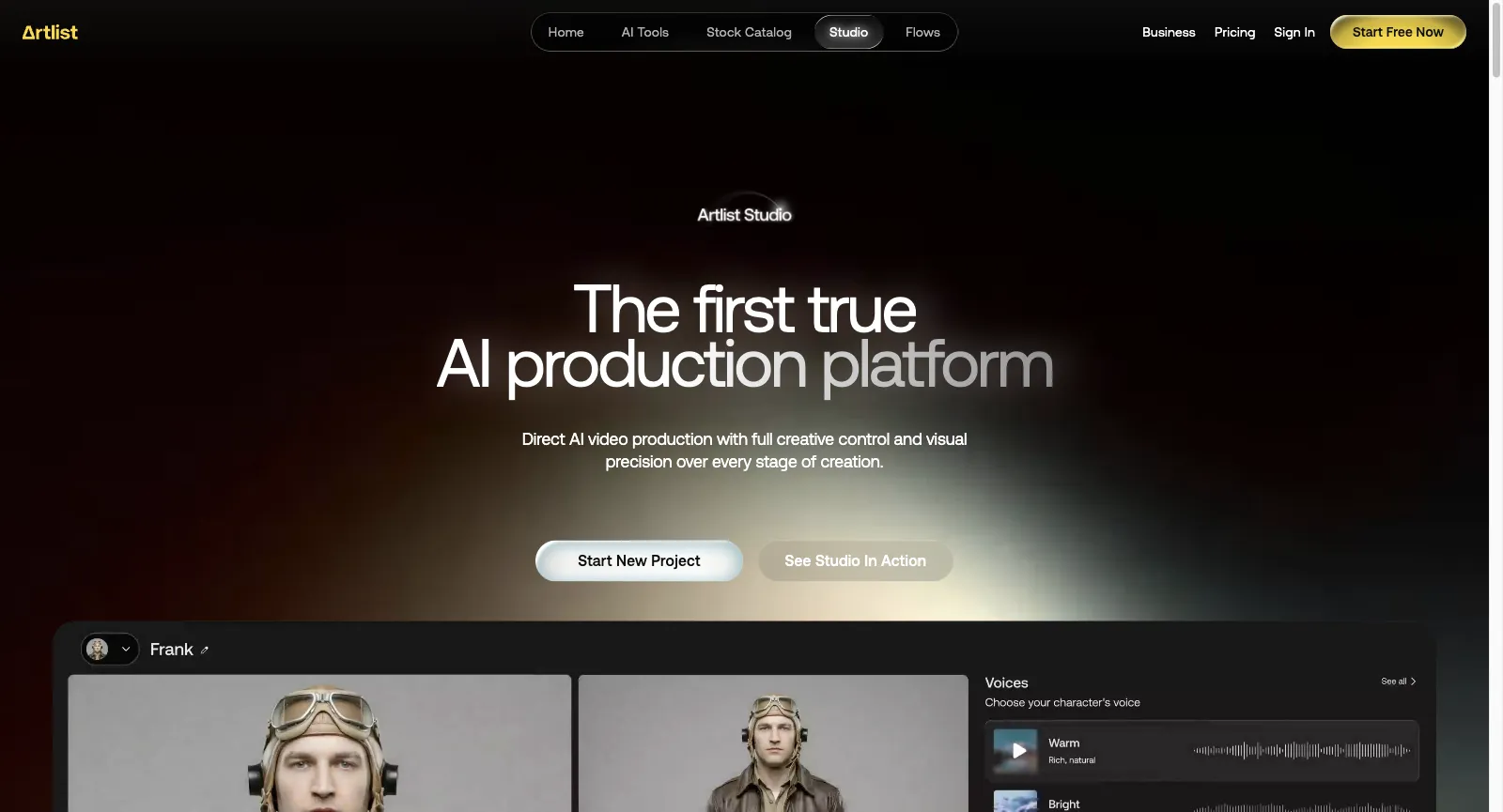 Strona Artlist Studio, bez logowania: The first true AI production platform, przyciski Start New Project i See Studio In Action nad kartą postaci z wyborem głosu