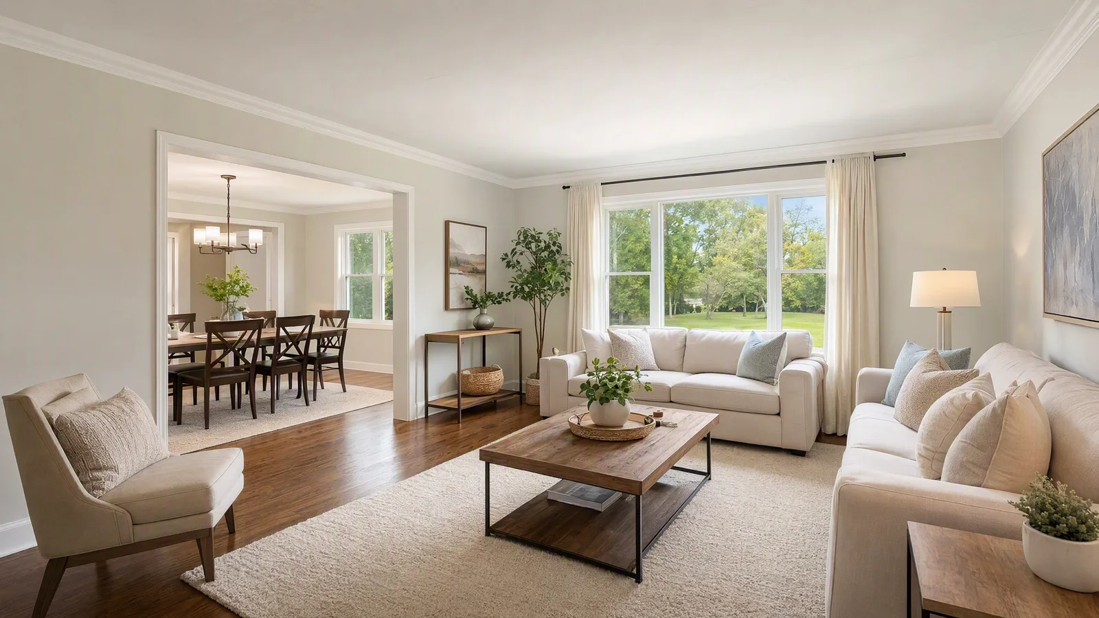 Bright fictional living room with straight architectural lines