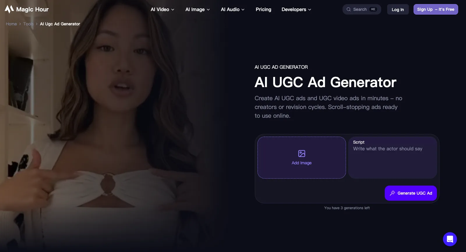 Magic Hour AI UGC Ad Generator bez logowania: pole Add Image, pole Script na tekst aktora, Generate UGC Ad i 3 pozostałe generowania