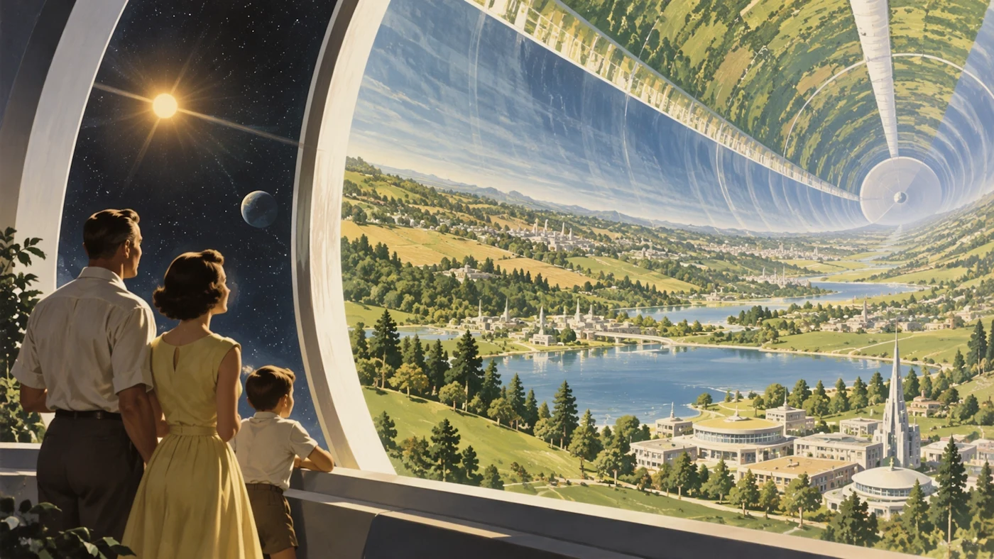 Official GPT Image 2.5 example: 1950s-style illustration of a family looking into a vast cylindrical space habitat filled with green landscape