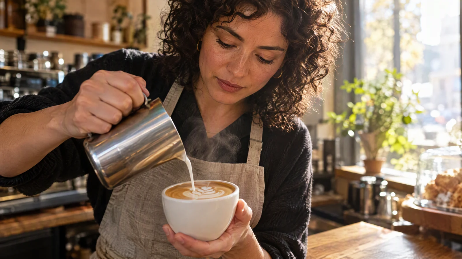 Barista with curly dark hair pours latte art into a white cup at a sunlit cafe counter, steam rising