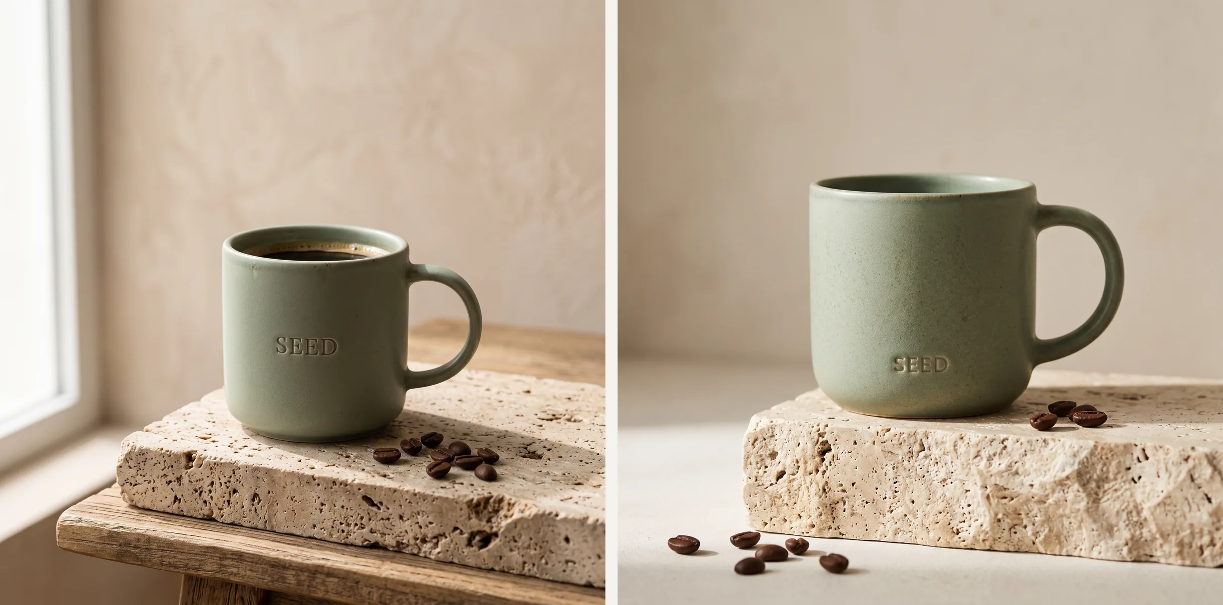 Dos tazas de cerámica verde salvia con el logo SEED en relieve sobre travertino, Nano Banana 2 a la izquierda y Nano Banana 2.1 a la derecha