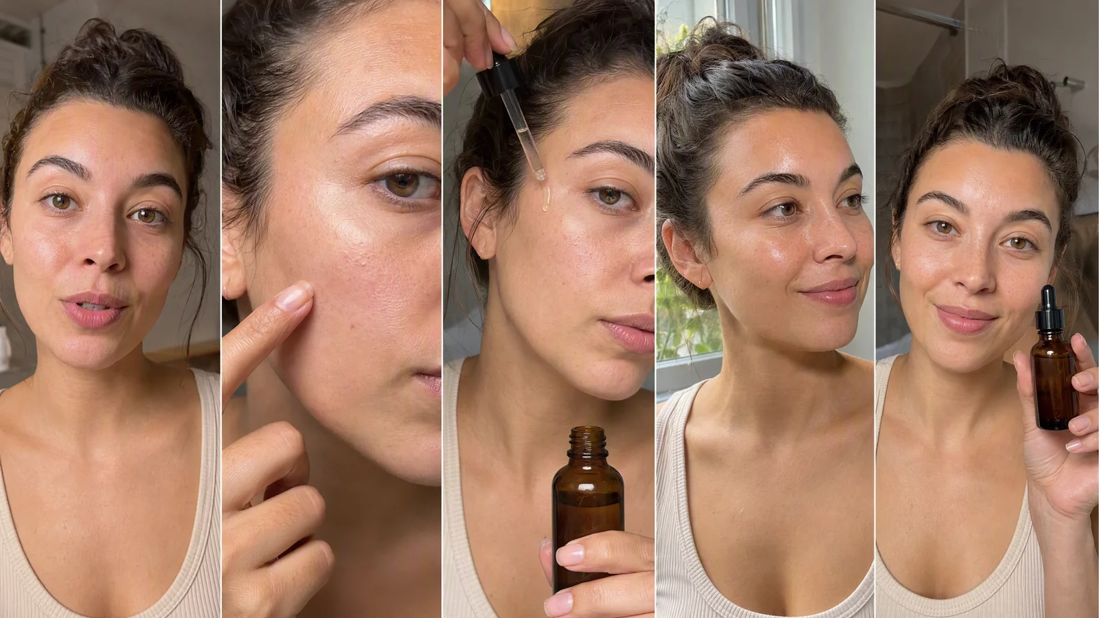 Fünf vertikale Frames mit einer Creatorin, einem Hautproblem, dem Auftragen eines Serums, einem Ergebnis und einer Produktempfehlung