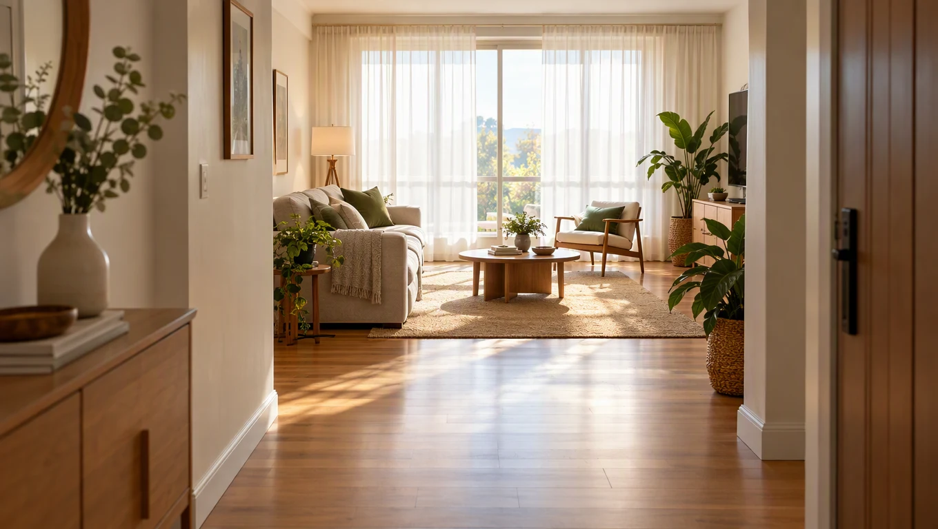 Sala luminosa vista desde un pasillo, con suelo de madera y cortinas translúcidas