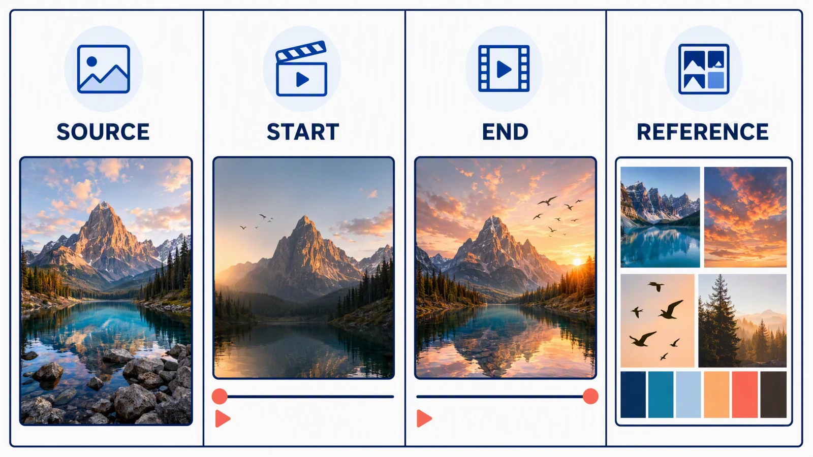 A four-column matrix comparing source, start, end, and reference image roles