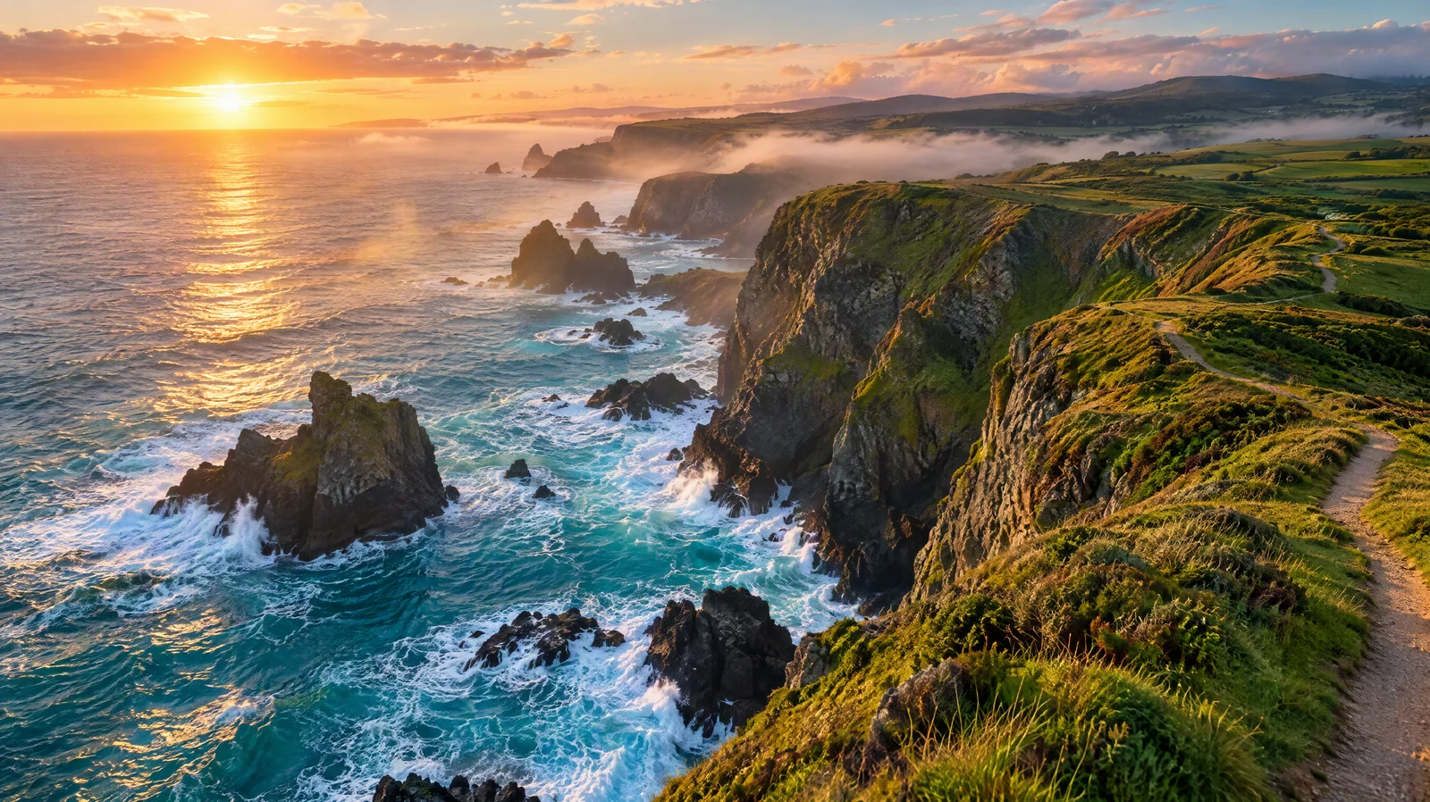 Aerial view over rugged sea cliffs at sunrise with turquoise waves, dark rocks and a dirt path along green clifftops