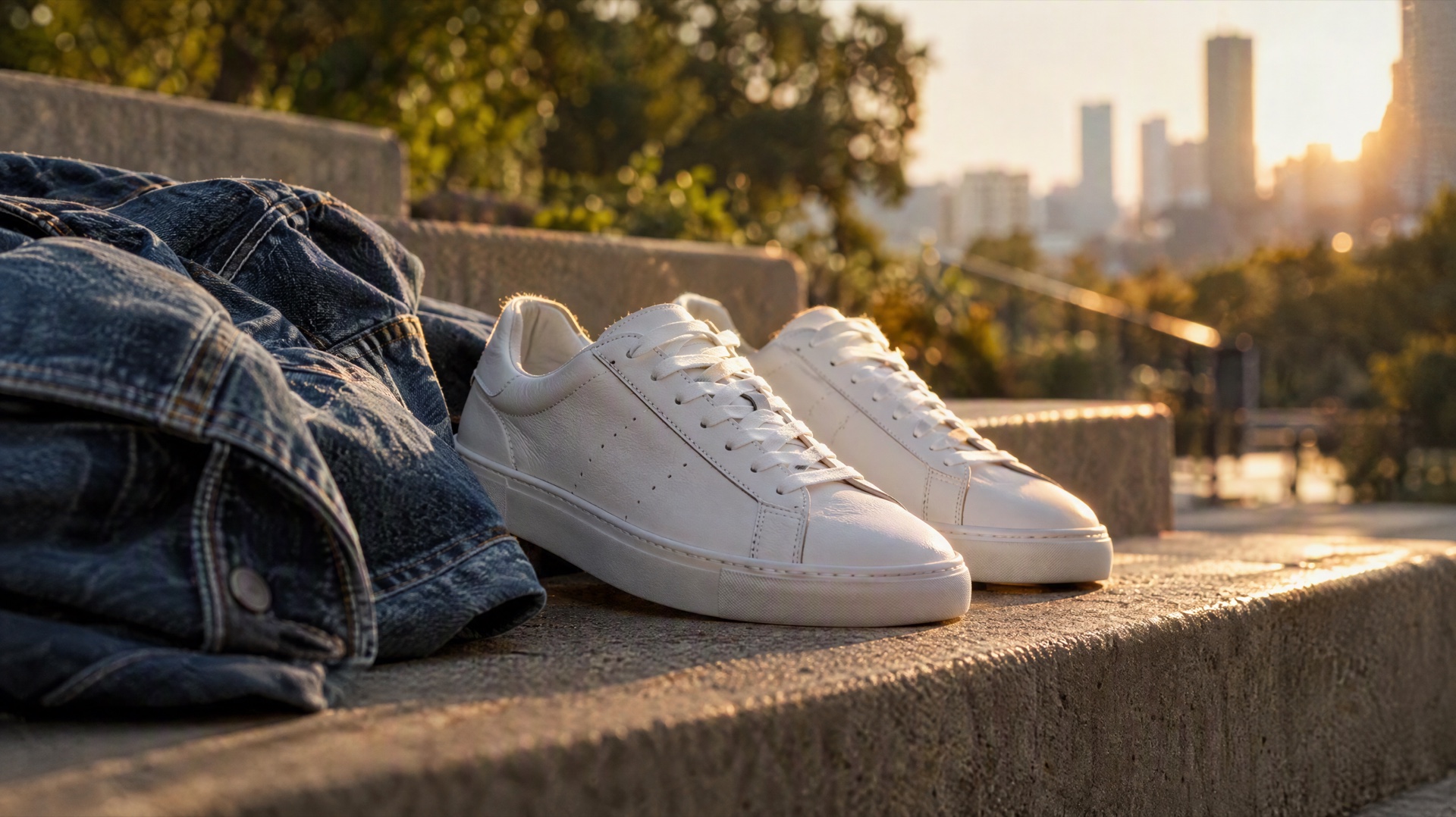 White leather sneakers and a denim jacket on sunlit concrete steps, shot as a finished lifestyle ad frame