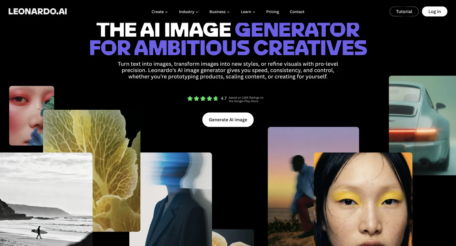 Strona generatora obrazów Leonardo AI bez logowania: generator obrazów AI dla ambitnych twórców, z przyciskiem Generate AI image