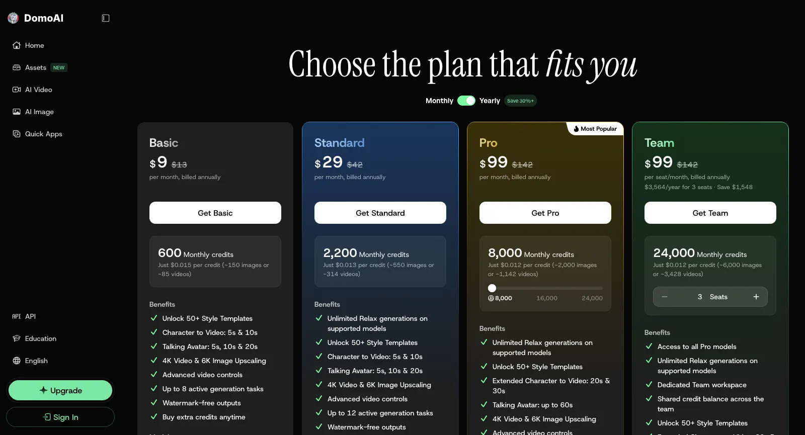 DomoAI pricing page on yearly billing: Basic $9, Standard $29, Pro $99 and Team $99 per seat a month billed annually, with 600, 2,200, 8,000 and 24,000 monthly credits