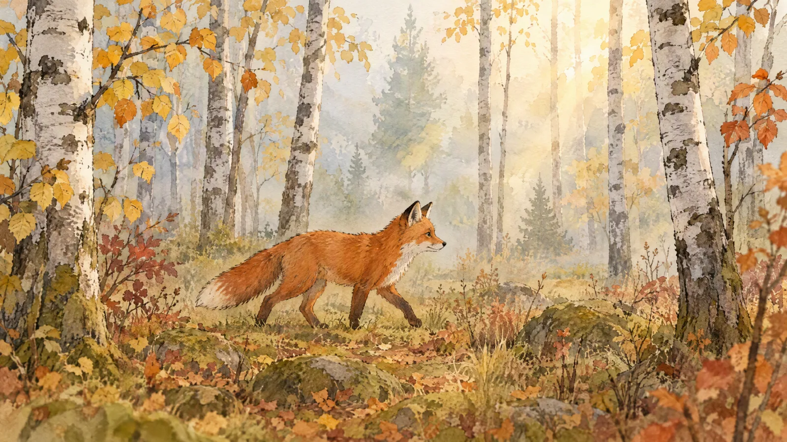 Watercolor animation frame of a small red fox walking through a misty birch forest in early autumn