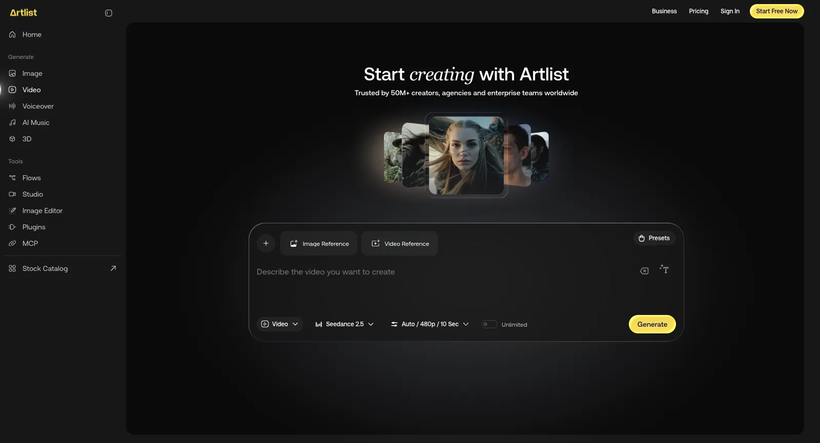Obszar roboczy wideo Artlist AI Tools, bez logowania: Start creating with Artlist, przyciski Image Reference i Video Reference, pole promptu, wybrany Seedance 2.5 z ustawieniami Auto / 480p / 10 Sec, przełącznik Unlimited i Generate