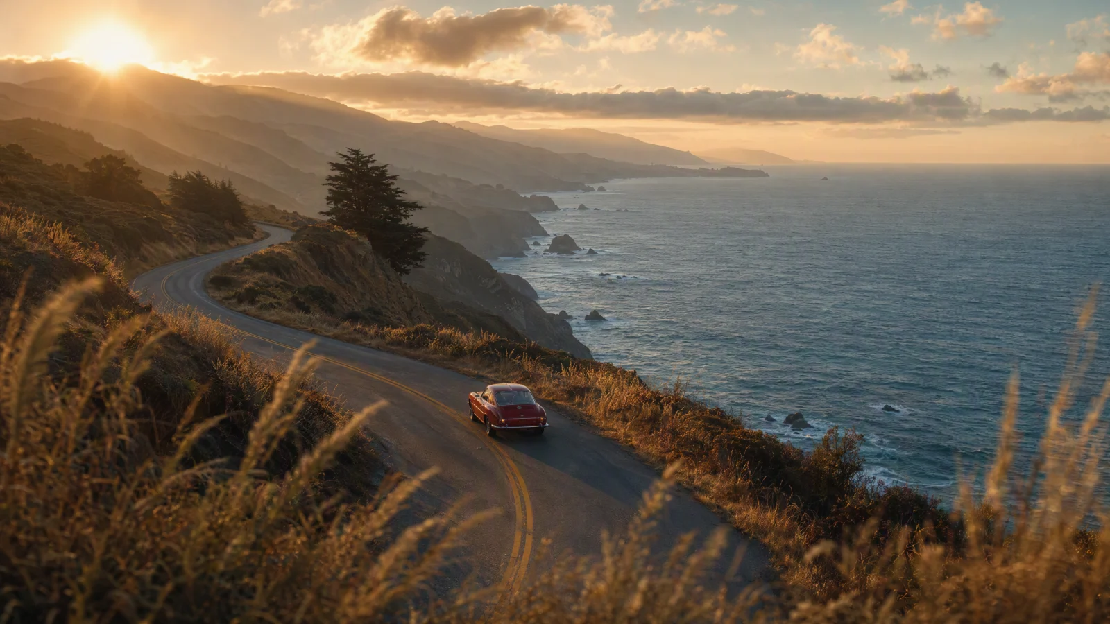 A red vintage coupe follows a winding coastal road above the ocean at golden hour.