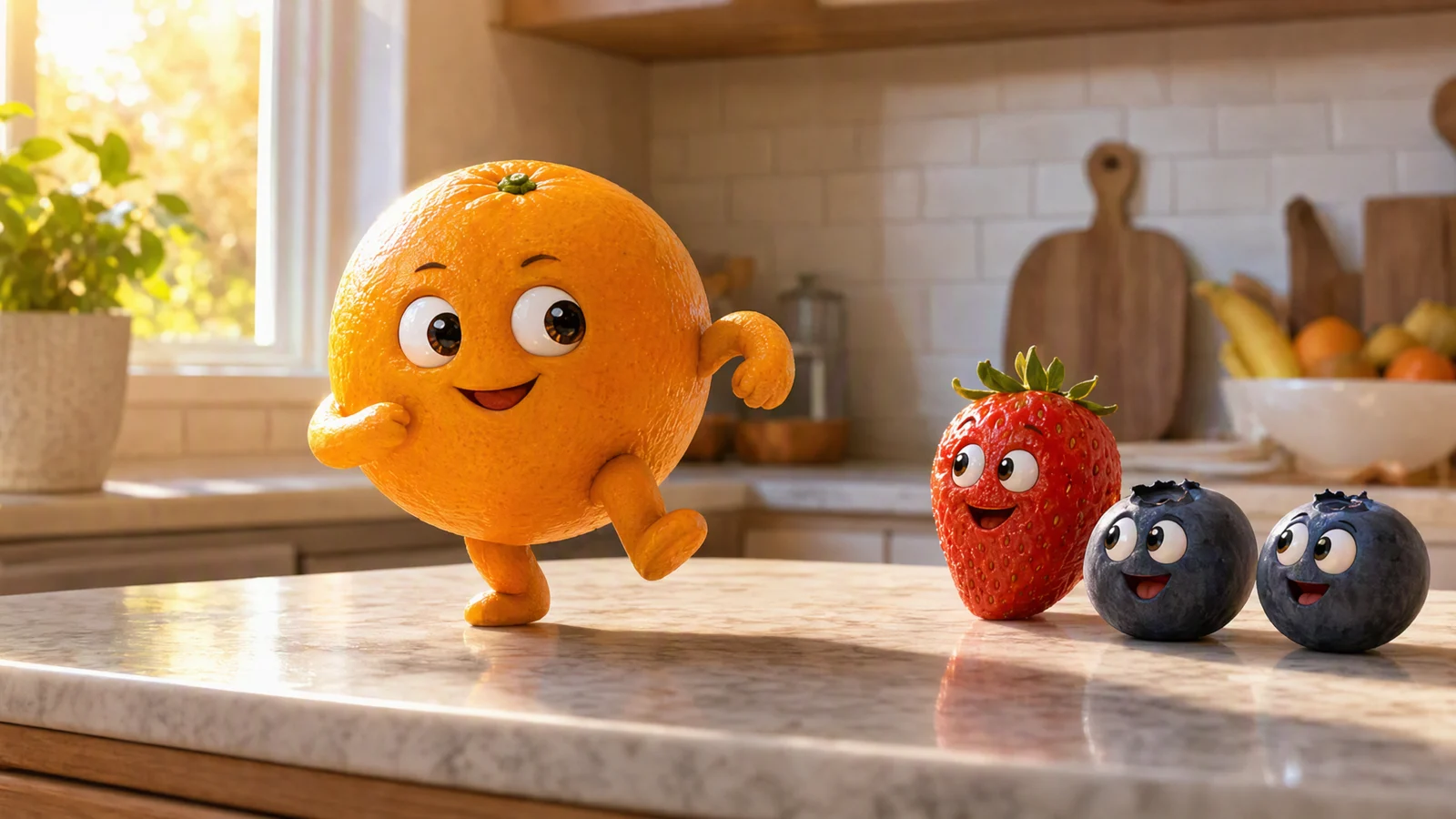 An orange dancing while a strawberry and blueberries watch