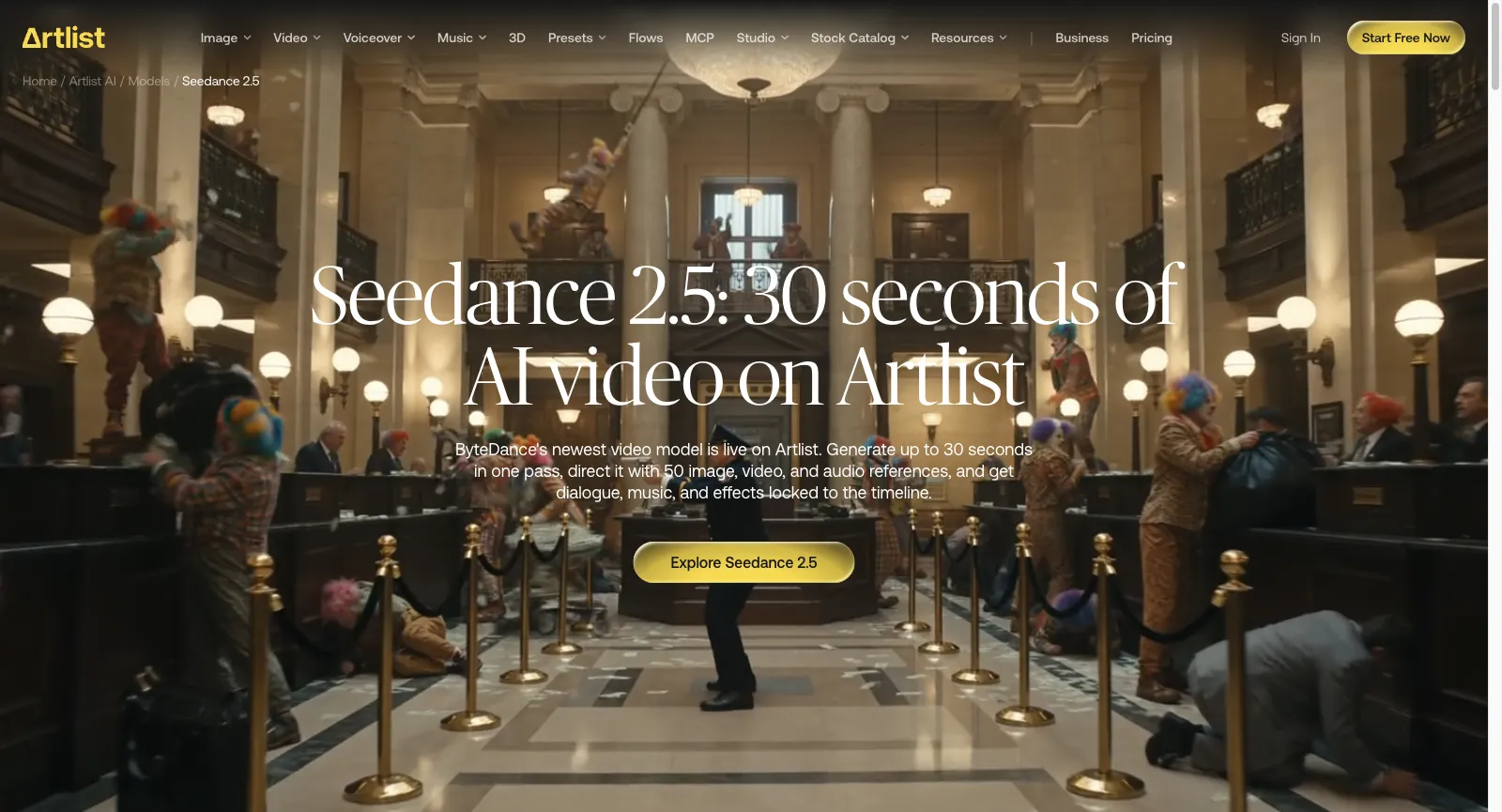 Strona modelu Seedance 2.5 w Artlist, bez logowania: Seedance 2.5: 30 seconds of AI video on Artlist, z 50 referencjami graficznymi, wideo i audio oraz przyciskiem Explore Seedance 2.5