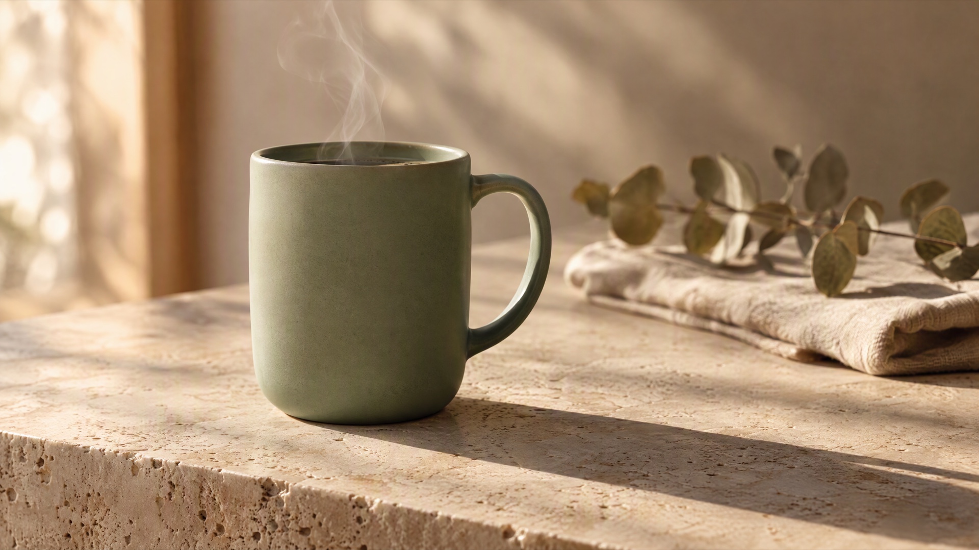 A ceramic mug on a stone ledge in raking morning light, shot as a finished product commercial frame