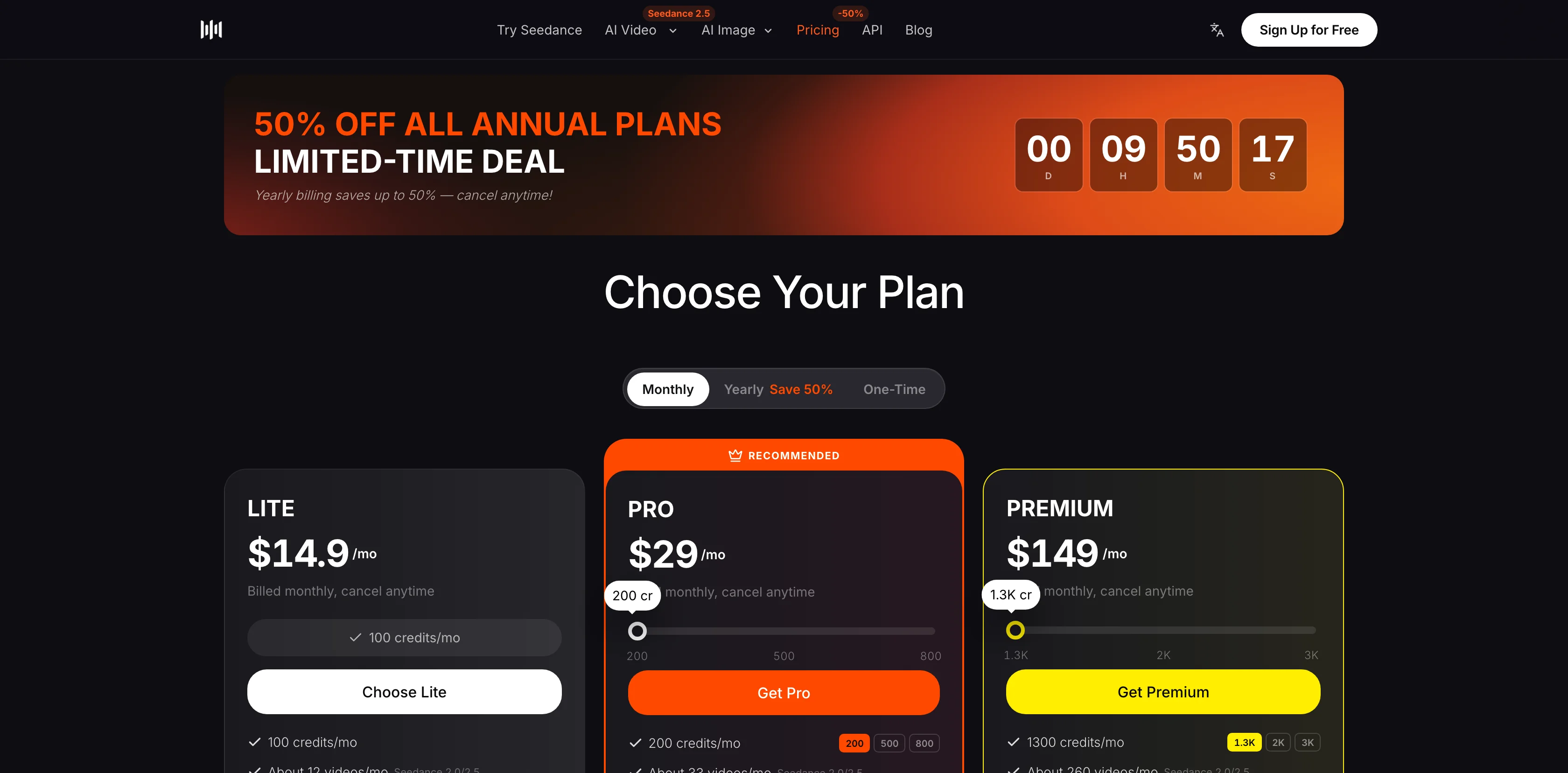 خطط Seedance AI الشهرية وأسعار Lite وPro وPremium