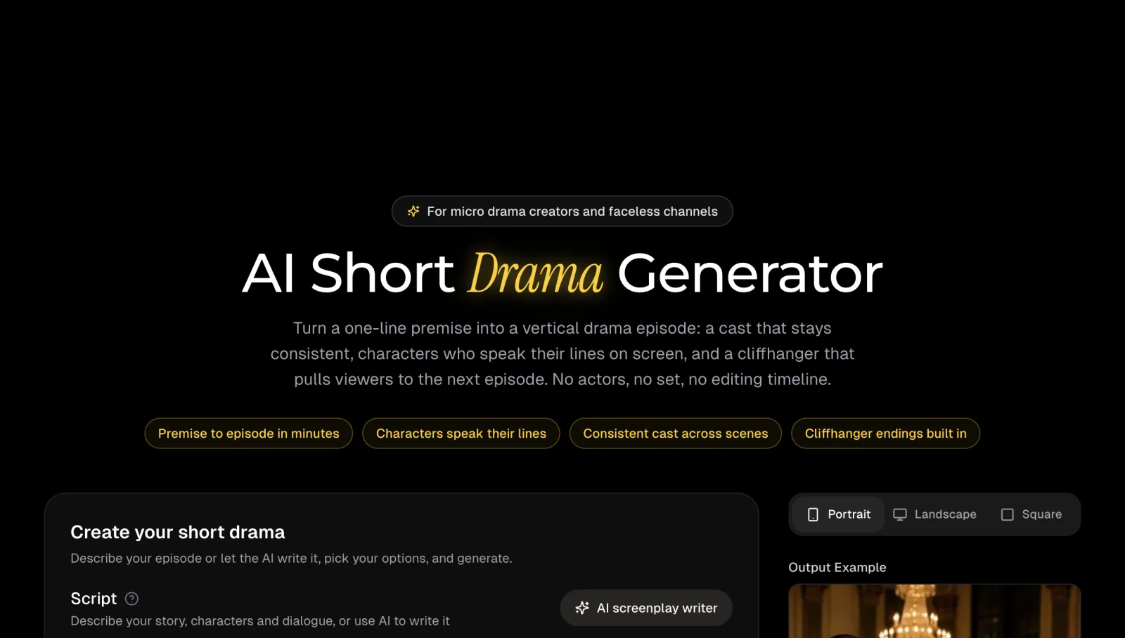 StoryShort 官方 AI 短劇生成器頁面,帶有縱向劇集控制
