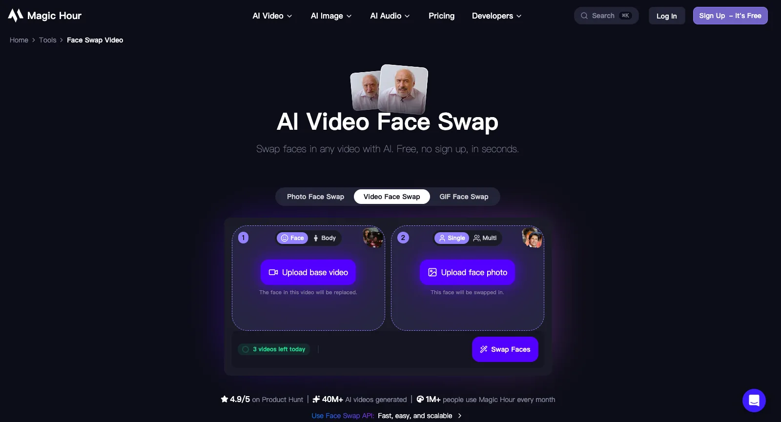 Magic Hour AI Video Face Swap bez logowania: zakładki Photo, Video i GIF Face Swap, Upload base video i Upload face photo oraz 3 pozostałe na dziś wideo