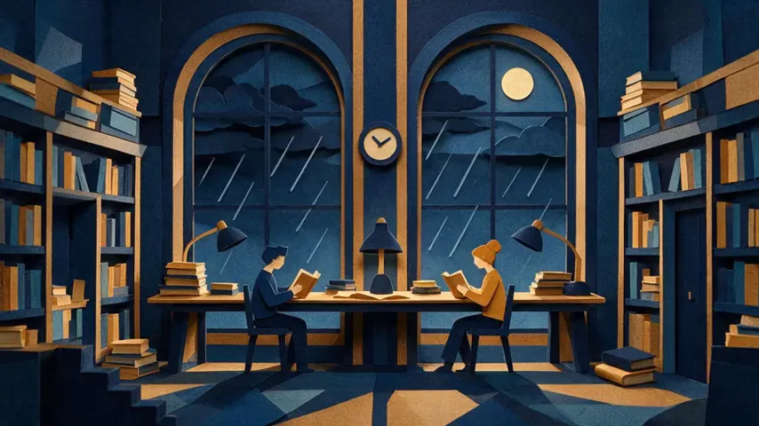 Prueba de Seedance 2.5 con el prompt de la biblioteca nocturna en recorte de papel: la biblioteca con las lámparas de escritorio apagadas y, después, la misma composición con dos lámparas encendidas sobre las figuras que leen.