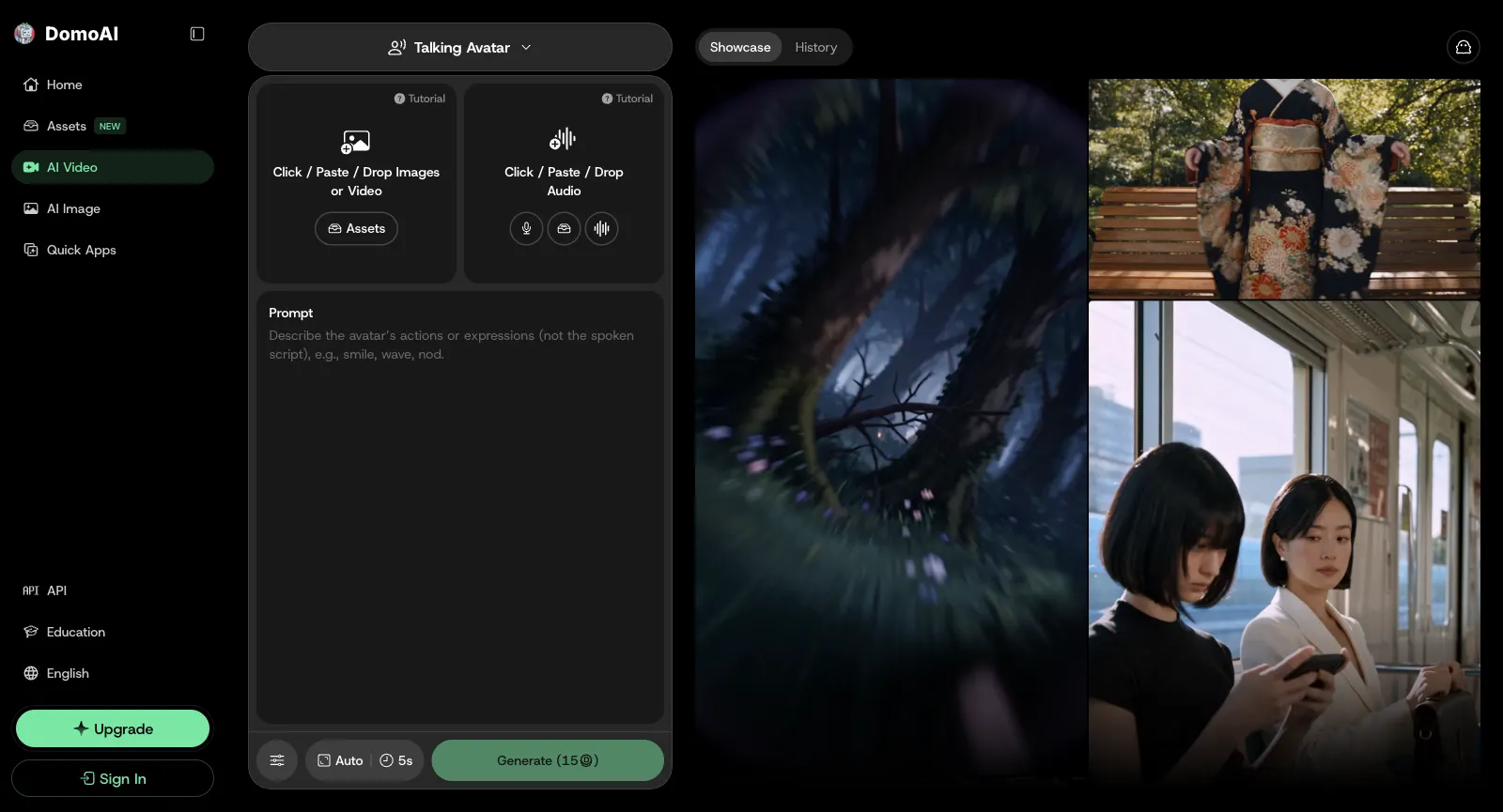 DomoAI Talking Avatar workspace, logged out: drop zones for images or video and for audio, a prompt for the avatar’s actions, 5 seconds and Generate (15 credits)